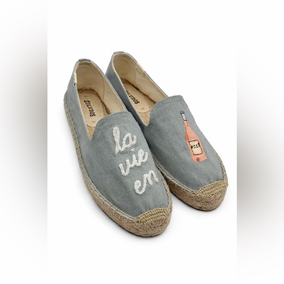 Soludos La Vie En Rosé Embroidered Espadrille Flats Blue Canvas Slip-On Shoes - Picture 2 of 16